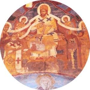 Detail of the Fresco by brothers Ioannis and Georgios (1643) “Peter Mohyla, Metropolitan of Kyiv, Halych, and All Rus, kneels before Christ, offering Him the recently restored Berestove church” in the church of the Saviour at Berestove, Kyiv