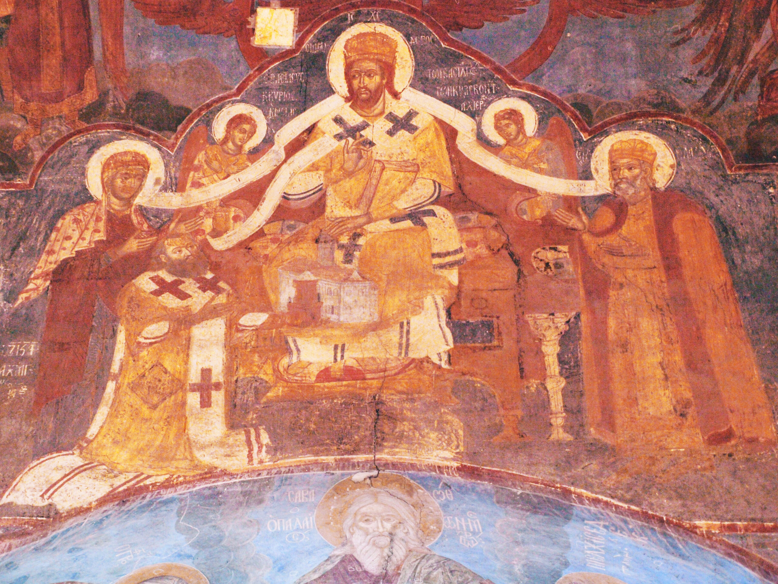 Fresco by brothers Ioannis and Georgios (1643) “Peter Mohyla, Metropolitan of Kyiv, Halych, and All Rus, kneels before Christ, offering Him the recently restored Berestove church” in the church of the Saviour at Berestove, Kyiv